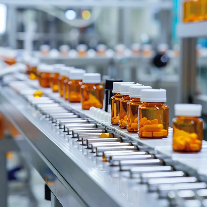 Sealed vials moving along a production conveyor.